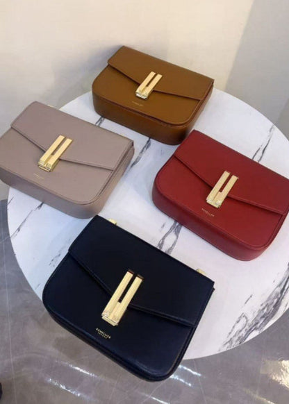 Structured Black Leather Shoulder Bag With Gold Clasp