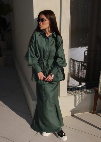 Button Down Cotton Top And Flowing Maxi Skirt