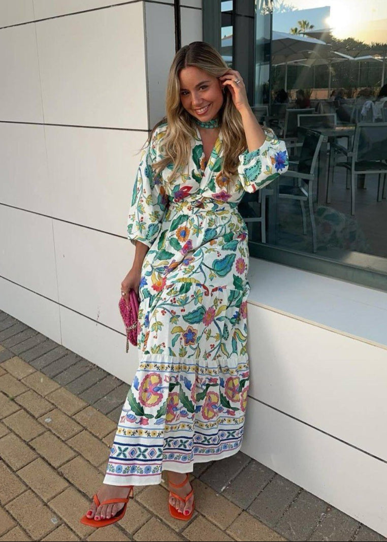 Floral Maxi Dress Polyester Blend Flutter Sleeves