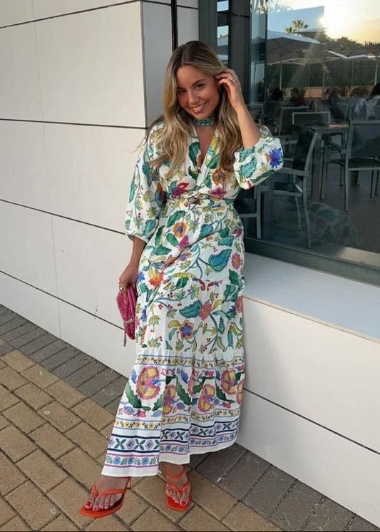 Floral Maxi Dress Polyester Blend Flutter Sleeves