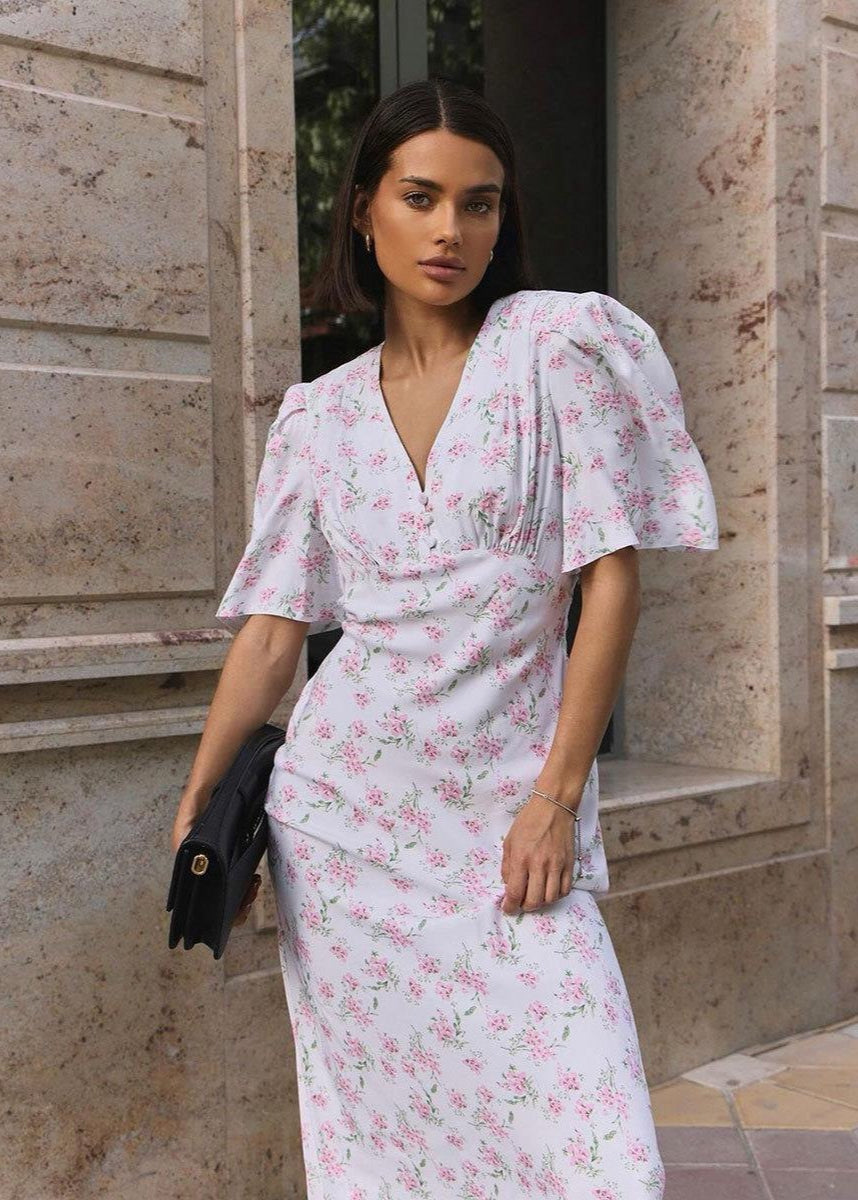 Midi Dress 100 Percent Rayon Pink Floral Design