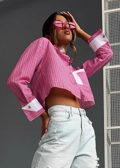 Striped Cropped Cotton Shirt With Pink Accents