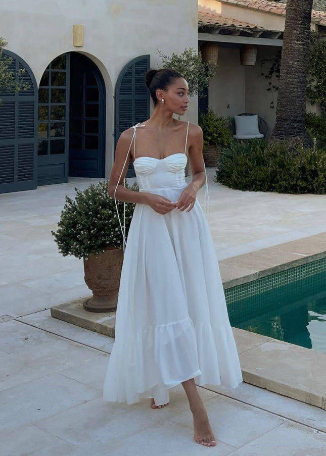 Flowy Polyester Maxi Dress with Tie Straps
