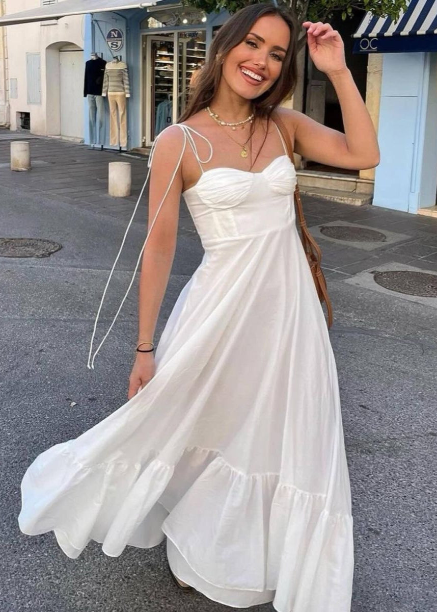 Flowy Polyester Maxi Dress with Tie Straps