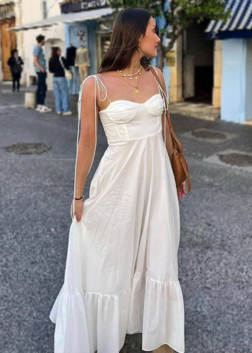 Flowy Polyester Maxi Dress with Tie Straps