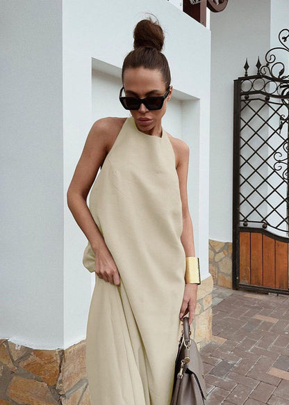 Backless Halter Maxi Dress Cotton Linen Blend