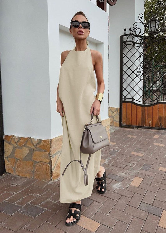 Backless Halter Maxi Dress Cotton Linen Blend