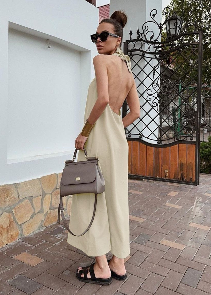 Backless Halter Maxi Dress Cotton Linen Blend
