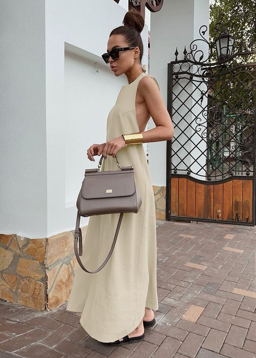 Backless Halter Maxi Dress Cotton Linen Blend
