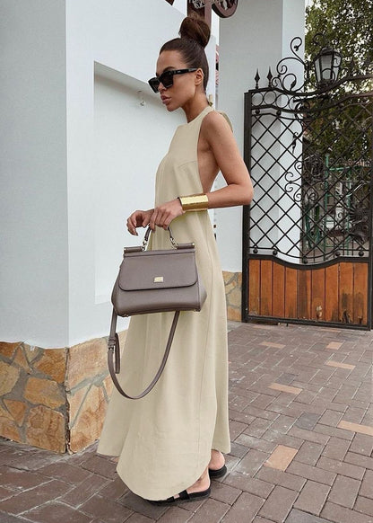 Backless Halter Maxi Dress Cotton Linen Blend
