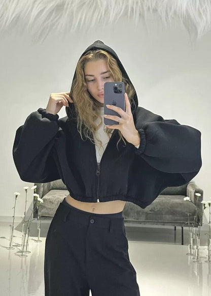 Cropped Fleece Hoodie with Oversized Balloon Sleeves