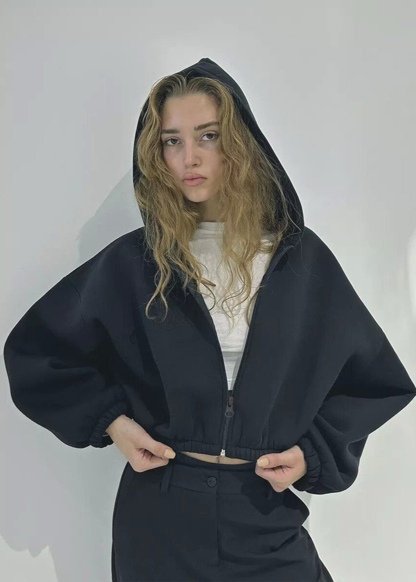 Cropped Fleece Hoodie with Oversized Balloon Sleeves