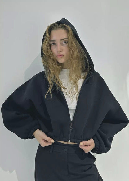 Cropped Fleece Hoodie with Oversized Balloon Sleeves