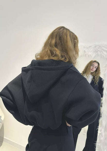 Cropped Fleece Hoodie with Oversized Balloon Sleeves