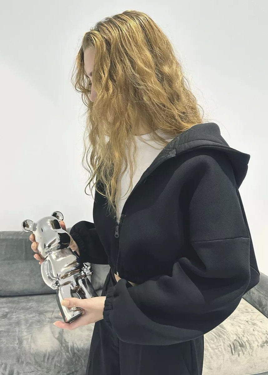 Cropped Fleece Hoodie with Oversized Balloon Sleeves