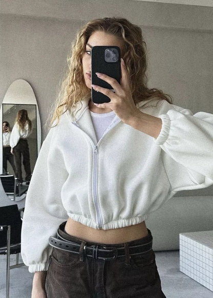 Cropped Fleece Hoodie with Oversized Balloon Sleeves