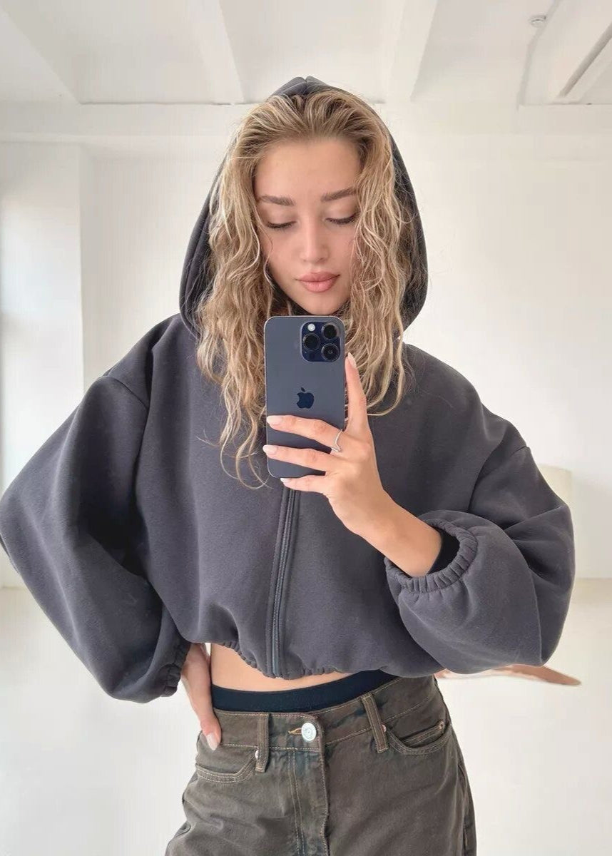 Cropped Fleece Hoodie with Oversized Balloon Sleeves