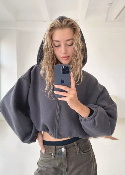 Cropped Fleece Hoodie with Oversized Balloon Sleeves