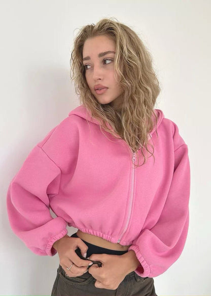 Cropped Fleece Hoodie with Oversized Balloon Sleeves