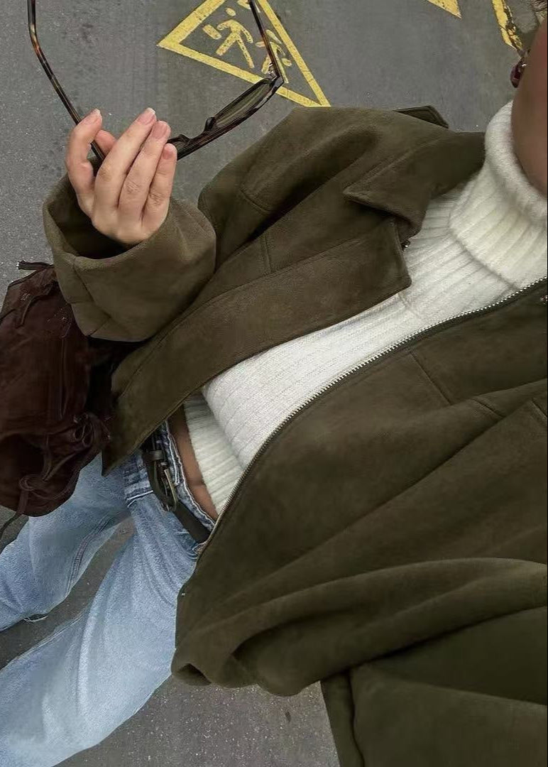 Oversized Faux Suede Zip Jacket With Gathered Hem