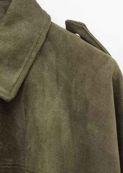 Oversized Faux Suede Zip Jacket With Gathered Hem