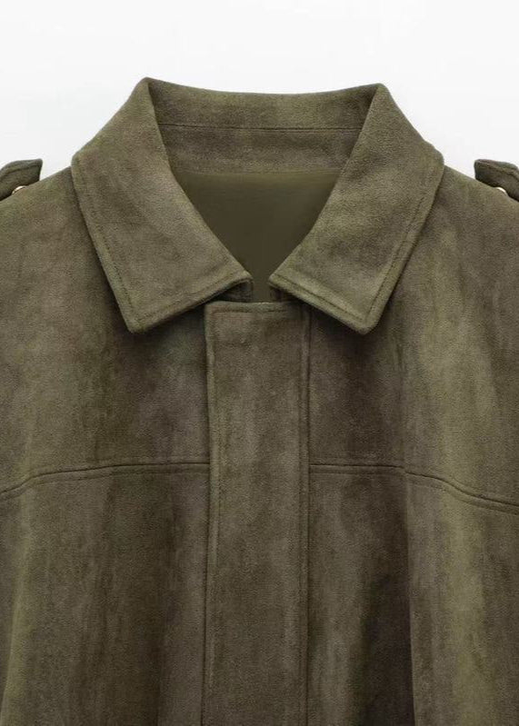 Oversized Faux Suede Zip Jacket With Gathered Hem