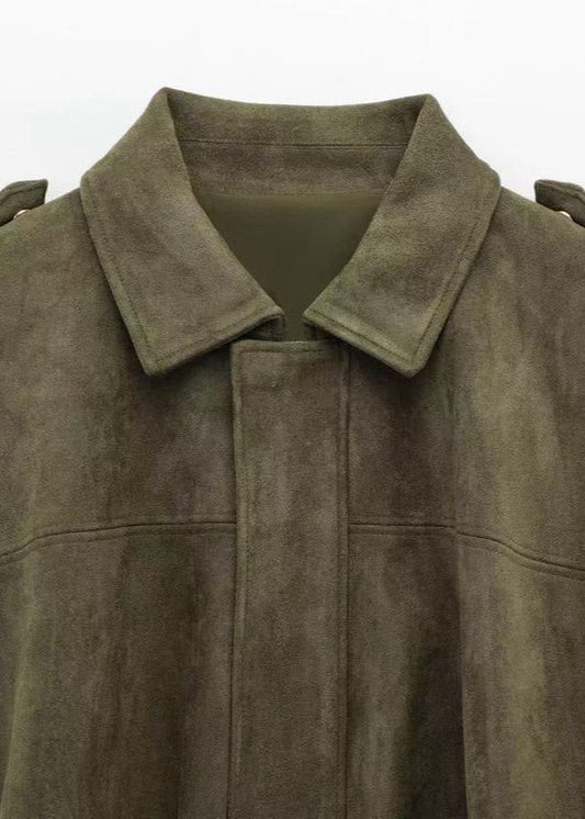 Oversized Faux Suede Zip Jacket With Gathered Hem