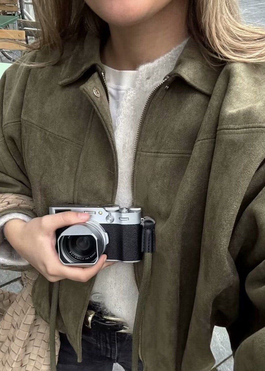 Oversized Faux Suede Zip Jacket With Gathered Hem
