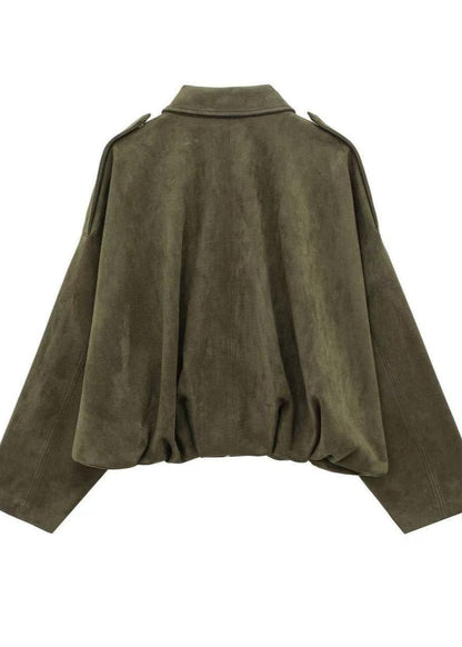 Oversized Faux Suede Zip Jacket With Gathered Hem