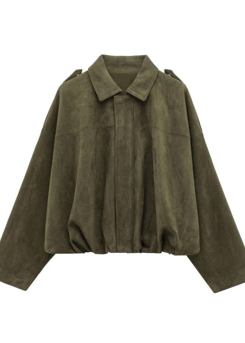 Oversized Faux Suede Zip Jacket With Gathered Hem