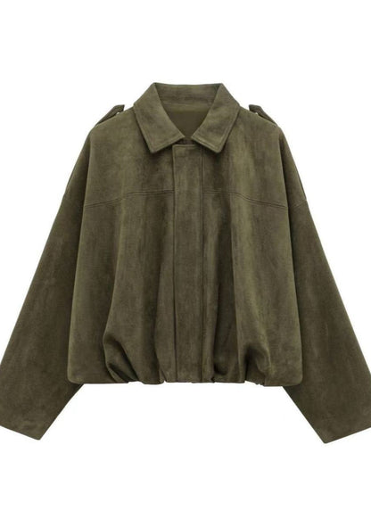 Oversized Faux Suede Zip Jacket With Gathered Hem