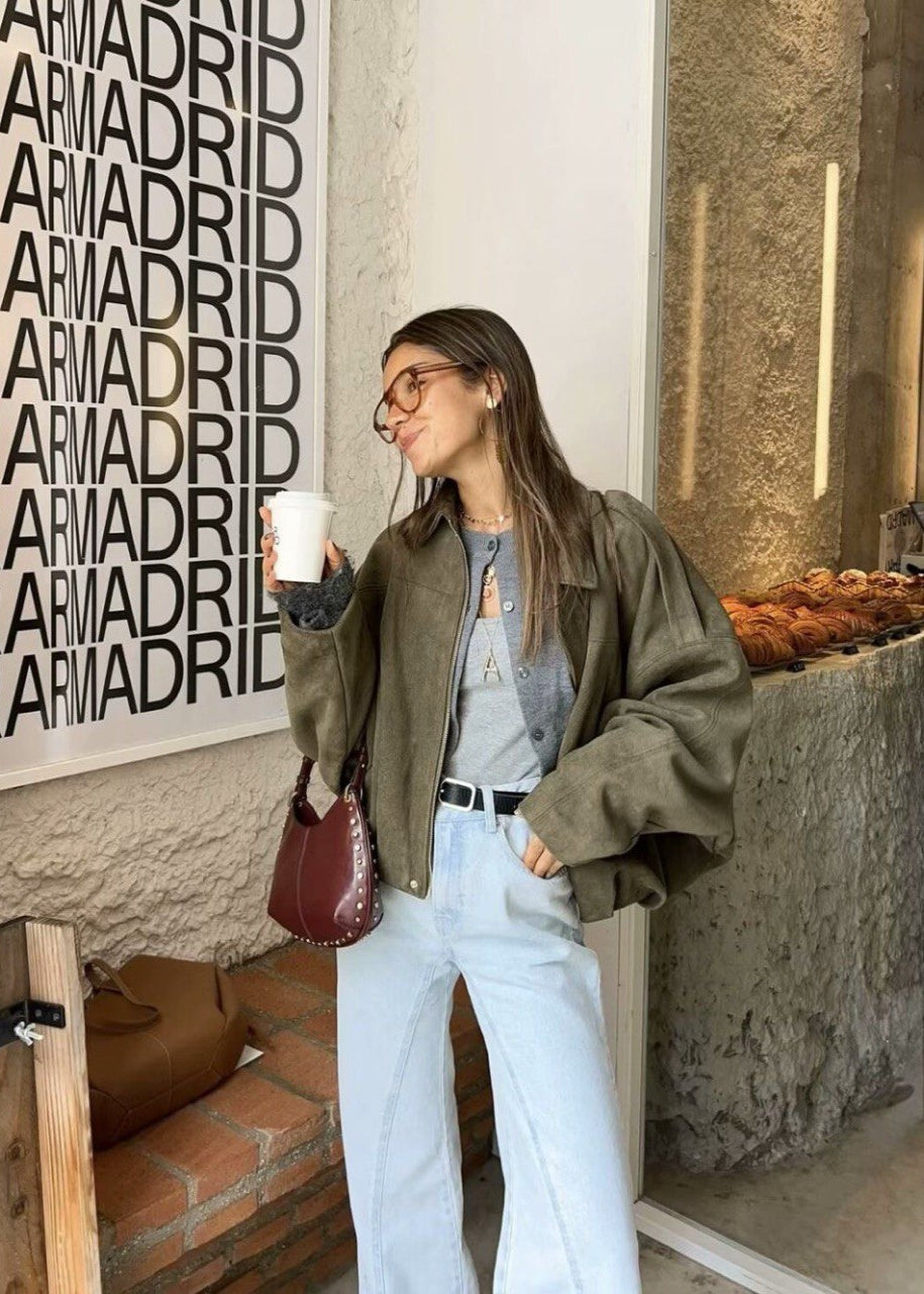 Oversized Faux Suede Zip Jacket With Gathered Hem
