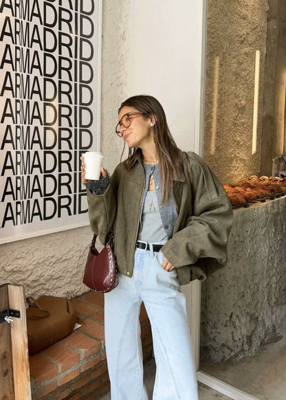 Oversized Faux Suede Zip Jacket With Gathered Hem