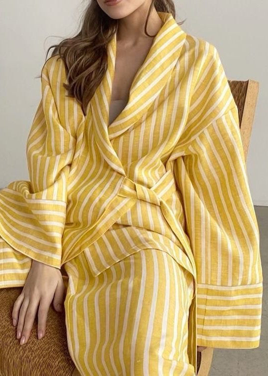 Two Piece Linen Blend Striped Kimono Set