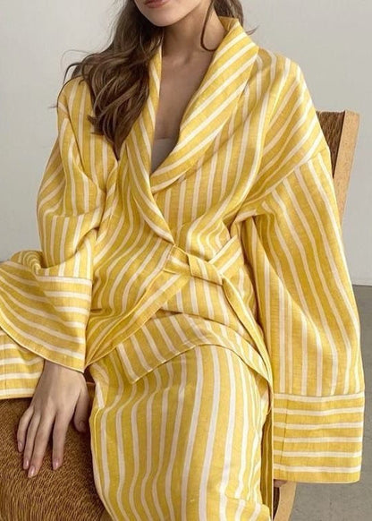 Two Piece Linen Blend Striped Kimono Set