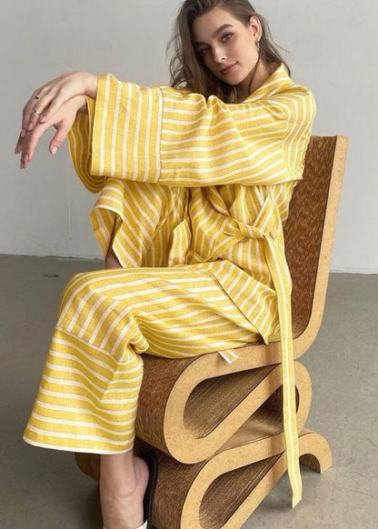 Two Piece Linen Blend Striped Kimono Set