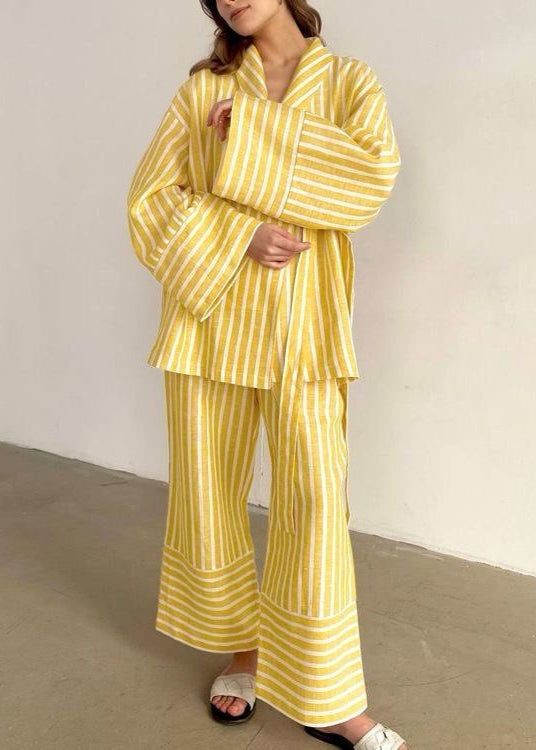 Two Piece Linen Blend Striped Kimono Set
