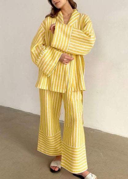 Two Piece Linen Blend Striped Kimono Set