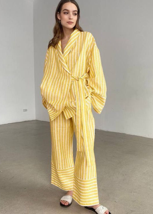 Two Piece Linen Blend Striped Kimono Set