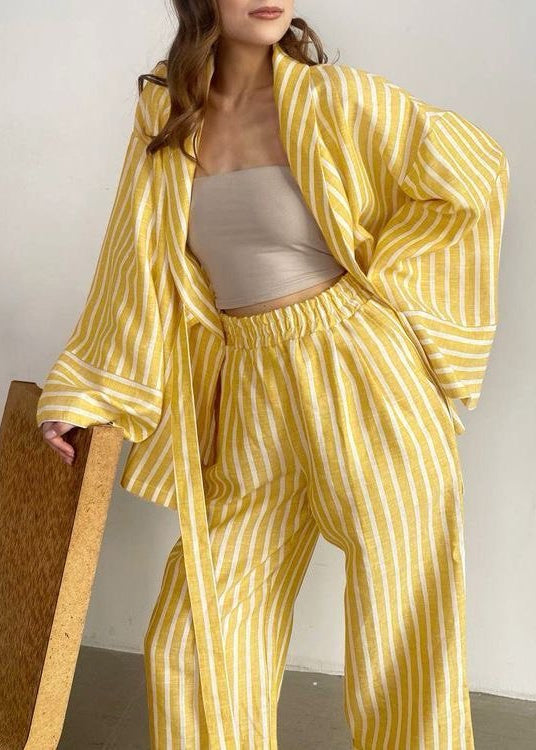 Two Piece Linen Blend Striped Kimono Set