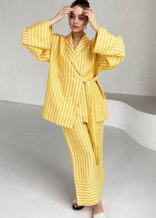 Two Piece Linen Blend Striped Kimono Set