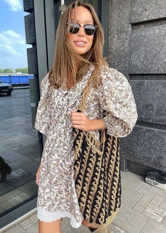 Fern Print Puff Sleeve A-Line Dress Brown