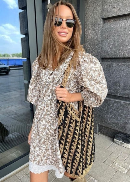 Fern Print Puff Sleeve A-Line Dress Brown
