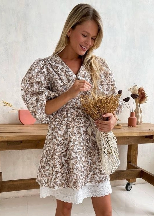 Fern Print Puff Sleeve A-Line Dress Brown