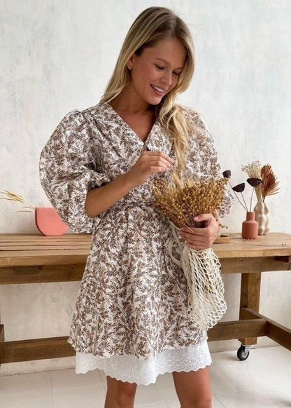 Fern Print Puff Sleeve A-Line Dress Brown
