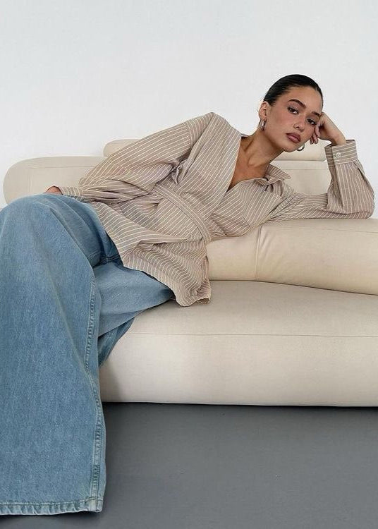 Striped Cotton Blend Tie Waist Shirt Blouse
