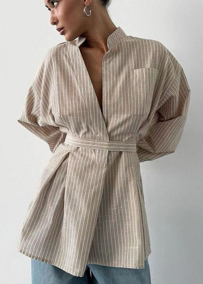 Striped Cotton Blend Tie Waist Shirt Blouse