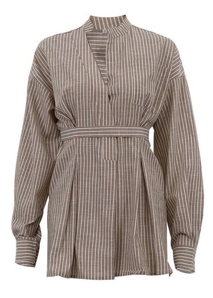 Striped Cotton Blend Tie Waist Shirt Blouse