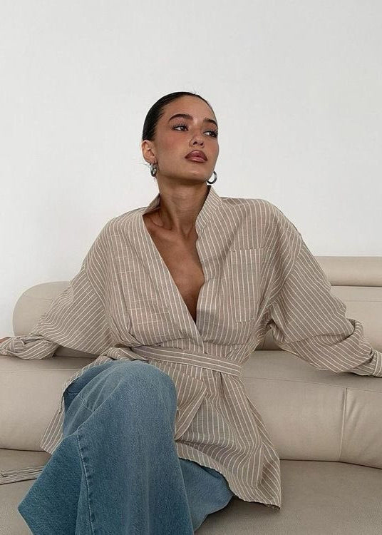 Striped Cotton Blend Tie Waist Shirt Blouse