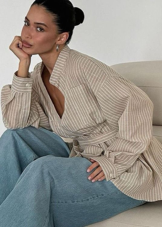 Striped Cotton Blend Tie Waist Shirt Blouse